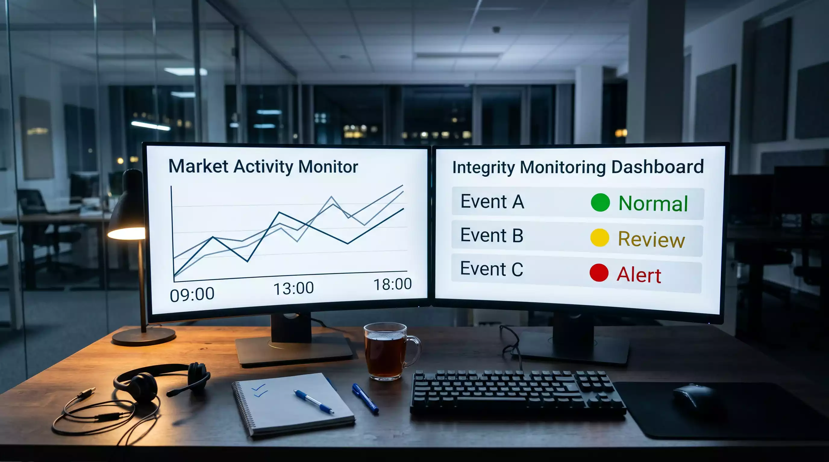 Analyst monitoring desk with multiple screens showing live UFC odds movements and alert dashboards