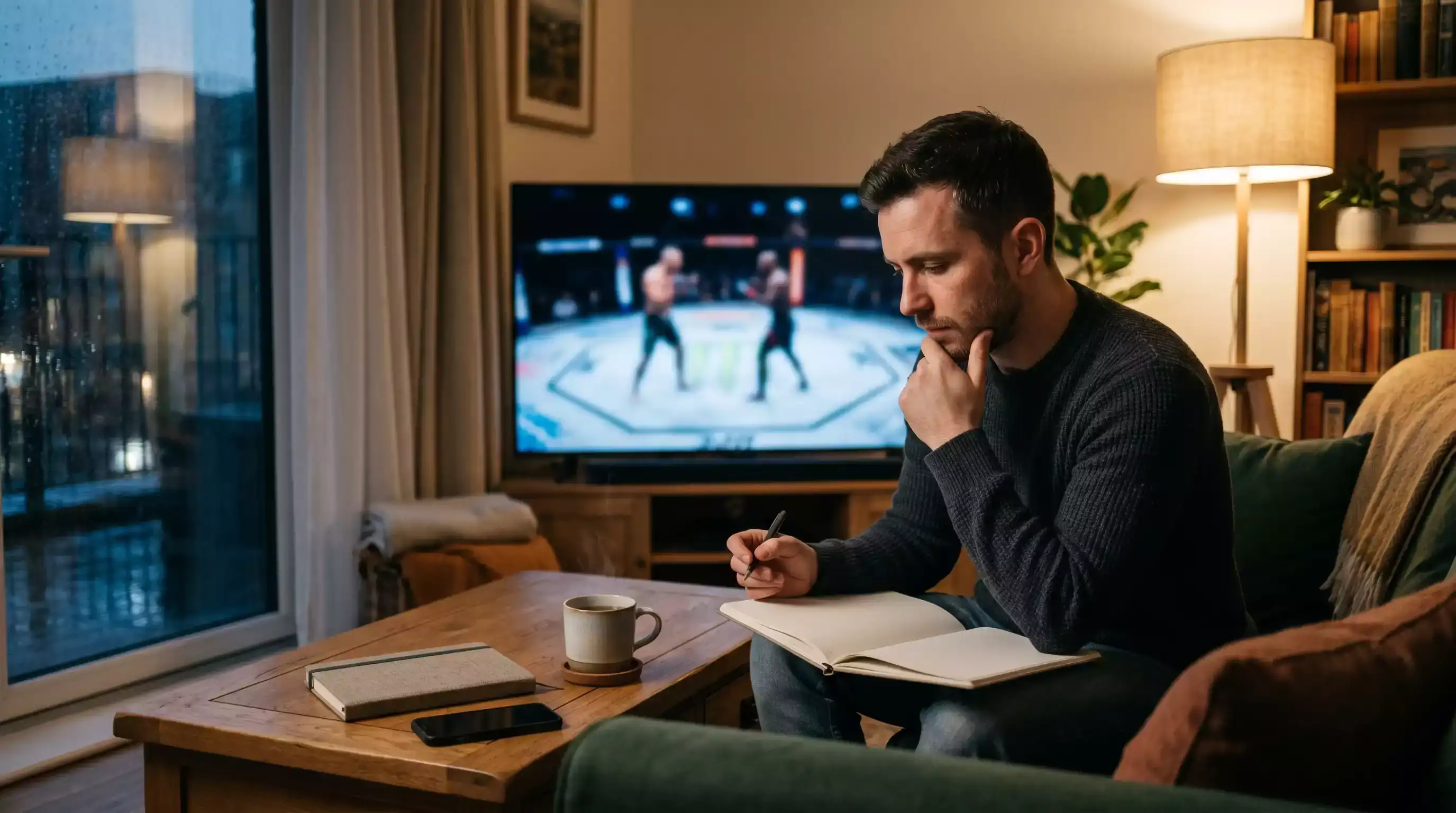 British MMA fan reviewing UFC fight cards and operator odds in a UK living room on a Saturday night